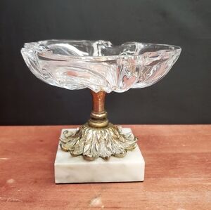 Antique Hollywood Regency Cut Glass, Brass and Marble Pedestal Ash Tray